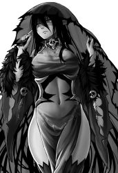 Rule 34 | 1girl, banshee (monster girl encyclopedia), bare shoulders, black dress, black hair, black thighhighs, breasts, detached sleeves, dress, fur trim, greyscale, hair between eyes, heart, heart-shaped pupils, highres, large breasts, long hair, monochrome, monster girl, monster girl encyclopedia, navel, pale skin, pointy ears, see-through, side slit, simple background, skull, solo, symbol-shaped pupils, tears, thighhighs, undead, veil, white background, wide sleeves, zakirsiz