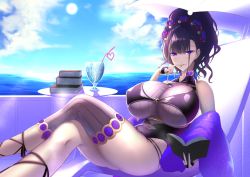 Rule 34 | 1girl, bare shoulders, beach chair, black hair, black one-piece swimsuit, blue sky, book, book stack, breasts, cloud, commentary request, crossed legs, cup, drinking glass, drinking straw, fate/grand order, fate (series), finger to mouth, flower, gloves, gold trim, hair between eyes, hair flower, hair ornament, hair up, half gloves, highleg, highleg swimsuit, highres, holding, holding book, huge breasts, long hair, looking at viewer, murasaki shikibu (fate), murasaki shikibu (swimsuit rider) (fate), murasaki shikibu (swimsuit rider) (first ascension) (fate), ocean, one-piece swimsuit, purple eyes, revision, shawl, shiroshisu, sidelocks, single thighhigh, sitting, sky, solo, sun, swimsuit, thighhighs, umbrella, water