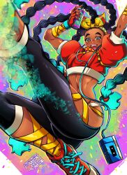 Rule 34 | 1girl, braid, capcom, dark-skinned female, dark skin, gumeaw, highres, kimberly jackson, midriff, multicolored hair, shoes, spray can, street fighter, street fighter 6, thick eyebrows, toned