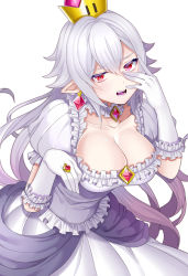 Rule 34 | 1girl, absurdres, breasts, cleavage, colored tongue, crown, dress, frilled dress, frilled gloves, frills, gloves, hair between eyes, highres, jewelry, large breasts, long hair, looking at viewer, luigi&#039;s mansion, mario (series), new super mario bros. u deluxe, nintendo, open mouth, pointy ears, princess king boo, puffy short sleeves, puffy sleeves, purple tongue, red eyes, sharp teeth, short sleeves, silver hair, simple background, solo, super crown, teeth, uzura (moimoi), very long hair, white background, white dress, white gloves