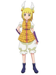Rule 34 | 1girl, anime coloring, arm at side, arm behind back, arm guards, armor, baggy pants, blonde hair, blue footwear, blunt bangs, blush, boots, cato (monocatienus), commentary request, double bun, full body, hair bun, hair ribbon, haniwa (statue), head tilt, joutouguu mayumi, light blush, looking at viewer, open mouth, pants, puffy short sleeves, puffy sleeves, ribbon, shirt, short hair, short sleeves, simple background, solo, standing, touhou, white background, white pants, white shirt, yellow eyes