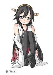 Rule 34 | 10s, 1girl, arms between legs, bad id, bad twitter id, black eyes, black hair, black thighhighs, blush, closed mouth, collarbone, detached sleeves, ebifurya, eyebrows, full body, hair between eyes, haruna (kancolle), highres, inactive account, kantai collection, knees up, legs together, long hair, looking at viewer, no shoes, nontraditional miko, red skirt, simple background, sitting, skirt, smile, solo, thighhighs, twitter username, white background