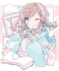 Rule 34 | + +, 1girl, absurdres, bandaid, bandaid on hand, blue-framed eyewear, blue bow, blue eyes, blue jacket, blue nails, blush stickers, book, bow, braid, brown hair, chon (chon33v), closed mouth, collared shirt, commentary request, controller, cup, drawing tablet, unworn eyewear, fingernails, flower, game controller, glasses, hair bow, hair flower, hair ornament, highres, holding, holding stylus, index finger raised, jacket, long hair, long sleeves, looking at viewer, low twintails, mug, nail polish, one eye closed, open book, open clothes, open jacket, original, over-rim eyewear, pink bow, pink flower, puffy long sleeves, puffy sleeves, round eyewear, semi-rimless eyewear, shirt, signature, sleeves past wrists, solo, steam, stylus, sweater vest, twin braids, twintails, white shirt