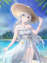 Rule 34 | 1girl, absurdres, anastasia (fate), anastasia (swimsuit archer) (fate), anastasia (swimsuit archer) (first ascension) (fate), bare shoulders, beach, blue dress, blue eyes, blue sky, blush, bracelet, breasts, collarbone, dress, earrings, fate/grand order, fate (series), hair over one eye, hairband, hat, highres, jewelry, kcar66t, large breasts, long hair, looking at viewer, necklace, pendant, see-through, see-through skirt, shore, silver hair, skirt, sky, smile, solo, straw hat, thighs, very long hair