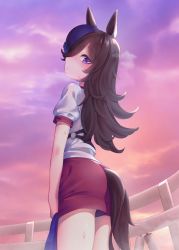 Rule 34 | 1girl, animal ears, blue hair, blush, brown hair, buruma, artistic error, fence, from below, hair over one eye, highres, horse ears, horse girl, horse tail, long hair, looking at viewer, multicolored hair, o-ring, outdoors, peaceyj, pink sky, purple eyes, red shorts, rice shower (umamusume), running track, short sleeves, shorts, sky, standing, sweat, tail, two-tone hair, umamusume, underwear, very long hair
