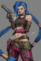 Rule 34 | 1girl, arcane: league of legends, arcane jinx, asymmetrical bangs, bare shoulders, belt, black belt, blue hair, braid, breasts, brown gloves, cloud tattoo, cowboy shot, fingerless gloves, gloves, grey background, groin, gun, highres, holding, holding gun, holding weapon, jinx (league of legends), league of legends, long hair, medium breasts, nail polish, navel, pants, pink eyes, pink pants, signature, simple background, sirenlin, skindentation, smile, solo, striped clothes, striped pants, tattoo, twin braids, very long hair, weapon