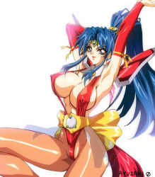 Rule 34 | 1girl, armor, armpits, arms up, artist name, blue eyes, blue hair, breasts, choujin gakuen gowcaizer, cleavage, closed mouth, commentary request, covered erect nipples, earrings, hair ornament, highleg, highleg leotard, highres, hishizaki shaia (gowcaizer), jewelry, large breasts, leotard, lips, lipstick, long hair, looking at viewer, makeup, pantyhose, ponytail, red leotard, revealing clothes, shiny clothes, shiny skin, shoulder armor, sidelocks, signature, simple background, smile, solo, tiara, white background, wpdh4443