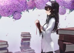Rule 34 | 1girl, bad id, bad twitter id, black hair, black ribbon, blurry, blush, book, book stack, breasts, closed eyes, closed mouth, commentary request, depth of field, flower, from side, grey background, hair over breasts, hairband, highres, holding, holding book, hydrangea, korean commentary, leaf, long hair, medium breasts, petals, profile, purple flower, ribbon, shirt, solo, white hairband, white shirt, yukinohana1447
