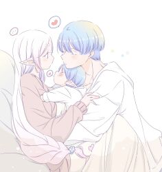 Rule 34 | ..., 1boy, 1girl, 1other, baby, blue hair, blush, closed eyes, commentary, earrings, elf, frieren, hair down, heart, hetero, highres, himmel (sousou no frieren), if they mated, imminent kiss, jewelry, long hair, long pointy ears, mole, mole under eye, pointy ears, sachinyopo, short hair, simple background, sousou no frieren, spoken ellipsis, spoken heart, symbol-only commentary, very long hair, white background, white hair
