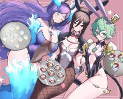 Rule 34 | 3girls, alternate costume, animal ears, bare shoulders, black hair, bow choker, breasts, brighid (xenoblade), cleavage, closed eyes, covered navel, fake animal ears, fishnet pantyhose, fishnets, glasses, gloves, green eyes, green hair, hair between eyes, highres, holding, holding tray, juneplums, large breasts, leotard, long bangs, long hair, looking at viewer, morag ladair (xenoblade), multiple girls, pandoria (xenoblade), pantyhose, playboy bunny, pointy ears, purple hair, rabbit ears, red eyes, round eyewear, short hair, small breasts, smile, sweatdrop, thighs, tray, very long hair, xenoblade chronicles (series), xenoblade chronicles 2