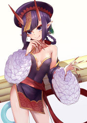 Rule 34 | 1girl, absurdres, bare shoulders, braid, braided hair rings, breasts, chinese clothes, closed mouth, covered navel, dress, eyeliner, fate/grand order, fate (series), fingernails, frills, hair rings, hat, heroic spirit festival outfit, highres, horns, jiangshi, licking lips, long sleeves, looking at viewer, makeup, nail polish, off shoulder, ofuda, oni, peacock feathers, pelvic curtain, pointy ears, purple dress, purple eyes, purple hair, purple hat, qingdai guanmao, sao7, sash, sharp fingernails, short eyebrows, short hair, shuten douji (fate), shuten douji (festival outfit) (fate), simple background, skin-covered horns, small breasts, smile, solo, thighs, tongue, tongue out, twin braids, very long fingernails, white background, wide sleeves