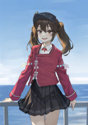 Rule 34 | 1girl, black skirt, blue sky, brown eyes, brown hair, cloud, collared shirt, commentary request, day, dress shirt, horizon, japanese clothes, kantai collection, kariginu, long hair, magatama, nito (nshtntr), ocean, open mouth, outdoors, pleated skirt, railing, red shirt, ryuujou (kancolle), shirt, skirt, sky, smile, solo, standing, twintails, visor cap, white shirt
