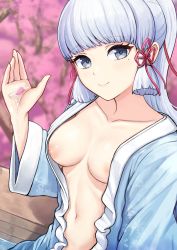 1girl absurdres ayaka_(genshin_impact) blue_eyes blue_kimono blunt_bangs blush breasts cherry_blossoms genshin_impact highres japanese_clothes kimono looking_at_viewer matmaj medium_breasts mole mole_under_eye naked_kimono navel nipples petals ponytail sidelocks smile water white_hair