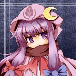 Rule 34 | 1girl, :&lt;, book, bow, crescent moon, female focus, hair bow, long hair, moon, patchouli knowledge, purple eyes, purple hair, ribbon, scarf, simple background, solo, sore (whirlwind), touhou
