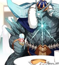 Rule 34 | 1boy, cup, fate/grand order, fate (series), food, glowing, helmet, holding, holding food, holding ice cream, hot dog, ice cream, ice cream cone, indoors, ivan the terrible (fate), kaidou j1, male focus, muscular, muscular male, pectorals, sitting, table, triple scoop, twitter username, waffle cone