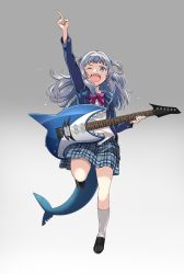 Rule 34 | 1girl, blazer, blue eyes, blue hair, blue nails, fins, fish tail, gawr gura, grey background, guitar, highres, hololive, hololive english, instrument, jacket, kneehighs, loafers, long hair, looking at viewer, nail polish, one eye closed, plaid, plaid skirt, pointing, pointing to the side, shark tail, sharp teeth, shoes, skirt, socks, solo, standing, standing on one leg, sutemeto, tail, teeth, virtual youtuber, white socks
