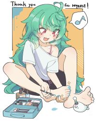 Rule 34 | 1girl, absurdres, ahoge, applying pedicure, aqua nails, bare legs, barefoot, black shorts, border, collarbone, commission, coni confetti, english text, facial mark, feet, full body, gradient hair, hand on own foot, highres, holding, holding brush, idol corp, knee up, long hair, looking down, multicolored hair, musical note, nail polish, nail polish bottle, off shoulder, open mouth, orange background, painting nails, painting toenails, red eyes, shirt, short shorts, short sleeves, shorts, sidelocks, single bare shoulder, skeb commission, soles, solo, spoken musical note, sumitsubame, toe scrunch, toenail polish, toenails, toes, very long hair, virtual youtuber, white border, white shirt