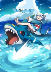 Rule 34 | 1girl, absurdres, animal hood, bare legs, barefoot, blue eyes, blue hair, blue hoodie, creatures (company), crossover, day, english text, fins, fish tail, floating hair, game freak, gawr gura, gawr gura (1st costume), gen 3 pokemon, glowing, glowing eye, hair ornament, highres, hololive, hololive english, hood, hoodie, horizon, long hair, long sleeves, looking afar, medium hair, multicolored hair, nintendo, ocean, open mouth, outdoors, outstretched arms, pokemon, red eyes, riding, shark hair ornament, shark hood, shark print, shark tail, sharp teeth, sharpedo, short twintails, shorts, smile, soles, splashing, streaked hair, tail, taiyo sketches, teeth, toes, twintails, v-shaped eyebrows, virtual youtuber, water, wingull