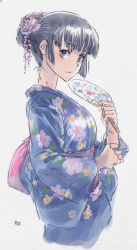 Rule 34 | alternate costume, artist name, black eyes, black hair, blue kimono, flower, from side, hair bun, hair flower, hair ornament, hand fan, holding, holding fan, japanese clothes, kantai collection, kimono, long hair, looking at viewer, myoukou (kancolle), simple background, single hair bun, solo, suzumaru, white background, yukata