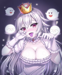Rule 34 | 1girl, :d, arms up, black eyes, blush, boo (mario), breasts, cleavage, collarbone, colored skin, colored tongue, commentary request, covering privates, crown, dress, elbow gloves, floating, frilled dress, frilled gloves, frilled sleeves, frills, frown, gem, ghost, gloves, glowing, head tilt, highres, large breasts, long hair, looking at viewer, luigi&#039;s mansion, mario (series), neck garter, new super mario bros. u deluxe, nintendo, nose blush, open mouth, princess king boo, purple background, purple eyes, purple tongue, shared umbrella, short sleeves, smile, straight hair, super crown, teeth, tongue, tongue out, tooru (pixiv12953962), umbrella, upper body, upper teeth only, very long hair, wavy mouth, white dress, white gloves, white hair, white skin
