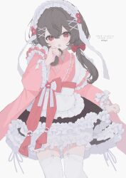 Rule 34 | 1girl, 33bun3, absurdres, apron, black skirt, bow, brown hair, commentary, commission, frilled apron, frilled kimono, frilled skirt, frills, garter straps, hair bow, hair ornament, highres, japanese clothes, kimono, looking at viewer, low twintails, maid, maid headdress, original, pink bow, pink eyes, pink kimono, pink sash, sash, sash bow, simple background, skeb commission, skirt, solo, thighhighs, twintails, wa maid, white background, white thighhighs, x hair ornament