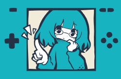 1girl aqua_hair aqua_sweater aqua_theme closed_mouth colored_skin commentary english_commentary glasses handheld_game_console highres limited_palette long_sleeves looking_at_viewer medium_hair nerutti original pointing smile solo sweater upper_body white_skin