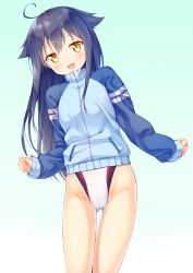 Rule 34 | 10s, 1girl, ahoge, ass, blue background, blue hair, blue jacket, competition swimsuit, cowboy shot, gradient background, hair flaps, hair ornament, hairclip, highleg, highleg swimsuit, highres, hinako note, jacket, kazuma (kazumav), leaning to the side, long hair, natsukawa kuina, one-piece swimsuit, open mouth, smile, solo, swimsuit, swimsuit under clothes, track jacket, white one-piece swimsuit, yellow eyes
