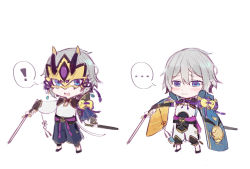 Rule 34 | blue eyes, blush, chibi, chinese clothes, csyday, dual persona, fate/grand order, fate (series), grey hair, hair between eyes, highres, holding, holding sword, holding weapon, horned mask, male focus, mask, unworn mask, prince of lan ling (fate), short hair, sword, weapon