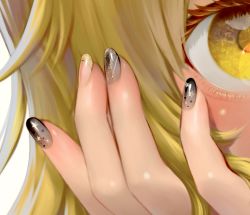 Rule 34 | 1girl, black nails, blonde hair, braid, close-up, commentary request, eyelashes, hair between eyes, hand focus, hands on own face, kageharu, kirisame marisa, looking at viewer, multicolored nails, nail polish, simple background, single braid, smile, star (symbol), touhou, white background, yellow eyes, yellow nails