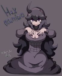 Rule 34 | 1girl, 2017, @ @, ahoge, alternate breast size, black dress, black hair, black nails, blue eyes, breasts, character name, cleavage, creatures (company), dated, dress, game freak, hairband, hands on own chest, hex maniac (pokemon), lamb-oic029, large breasts, long hair, looking at viewer, nail polish, nintendo, no nose, npc trainer, pokemon, pokemon xy, simple background, sitting, smile, solo