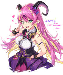 Rule 34 | 1girl, asymmetrical horns, bare shoulders, blonde hair, blush, bow, breasts, chest harness, colored inner hair, commentary request, fang, green eyes, guchico, hair between eyes, harness, headphones, headphones around neck, heart, highres, hololive, horn bow, horn ornament, horns, looking at viewer, mano aloe, medium breasts, multicolored hair, nail polish, open mouth, pink hair, pointy ears, simple background, sleeveless, solo, streaked hair, teeth, tongue, two-tone hair, uneven horns, v, virtual youtuber, white background