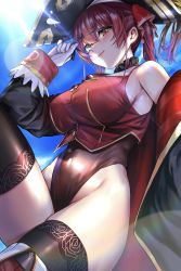Rule 34 | 1girl, absurdres, bare shoulders, black leotard, blue sky, breasts, closed mouth, coat, commentary request, covered navel, day, eyepatch, frills, gloves, hat, heterochromia, highleg, highres, hololive, houshou marine, kos-owl, large breasts, leotard, leotard under clothes, lips, long hair, long sleeves, looking at viewer, off shoulder, outdoors, pirate hat, pulling own clothes, red eyes, red hair, shiny clothes, shiny skin, simple background, sky, smile, sunlight, thighhighs, thighs, twintails, virtual youtuber, white gloves, yellow eyes