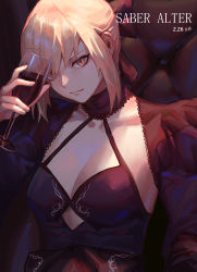 Rule 34 | 1girl, absurdres, alcohol, artoria pendragon (all), artoria pendragon (fate), bad id, bad pixiv id, black dress, blonde hair, breasts, chalice, collarbone, colored skin, cup, dress, drinking glass, fate/grand order, fate/stay night, fate (series), frilled sleeves, frills, highres, jinlin, looking at viewer, saber (fate), saber alter, skirt, white skin, wine, wine glass, yellow eyes