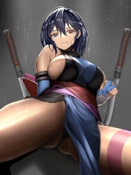 Rule 34 | 1girl, bare shoulders, blue eyes, blue gloves, blue hair, blue kimono, blue panties, breasts, closed mouth, elbow gloves, from below, gloves, gluteal fold, grey background, highres, japanese clothes, kimono, large breasts, leg tattoo, looking at viewer, obi, panties, partially fingerless gloves, pelvic curtain, planted, planted sword, planted weapon, rain, red eyes, rokuba, samurai spirits, sash, shiki (samurai spirits), short hair, short sword, sideboob, smile, solo, sword, tantou, tattoo, underwear, weapon, wet, wet hair