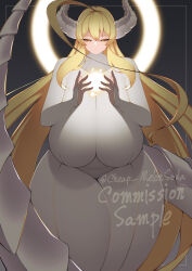 Rule 34 | 1girl, ahoge, black background, blonde hair, bodysuit, breasts, commission, cowboy shot, curvy, dragon girl, dragon horns, dragon tail, english text, female focus, gigantic breasts, halo, highres, horns, huge ahoge, huge breasts, light, long hair, looking at viewer, solo, standing, tail, thick thighs, thighs, very long hair, white bodysuit, wide hips, yasume (cheap melon soda), yellow eyes