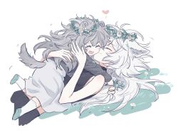 Rule 34 | 2girls, animal ears, arknights, child, closed mouth, crop top, flower, grey fur, grey hair, heart, highres, holding, holding flower, kaleka, kiss, kissing cheek, lappland (arknights), lying, mother and daughter, multiple girls, on back, open mouth, shoes, skirt, smile, socks, tail, white flower, white hair, wolf ears, wolf girl, wolf tail