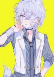 Rule 34 | 1boy, absurdres, animal ears, bandages, bandaid, blue eyes, choker, eyepatch, highres, looking at viewer, male focus, nail polish, necktie, one eye covered, original, short hair, solo, tail, vest, white hair, wolf boy, wolf ears, wolf tail, yellow background, yuxi