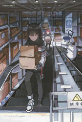 Rule 34 | &gt; &lt;, animal, animal ears, arknights, bird, black hair, black legwear, box, brown eyes, cardboard box, carrying, copyright name, energy wings, escalator, exusiai (arknights), fingerless gloves, gloves, halo, highres, holding, holding box, id card, jacket, lamp, lococo:p, pantyhose, penguin, penguin logistics (arknights), penguin logistics logo, red hair, revision, shadow, shoes, sign, texas (arknights), the emperor (arknights), warehouse, wavy mouth, white footwear, white jacket, wolf ears