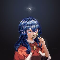 Rule 34 | 1girl, absurdres, arknights, astesia (arknights), bell, black background, blue eyes, blue hair, bow, bright pupils, capelet, christmas, covered mouth, half-closed eyes, highres, holding, holding mistletoe, immeasurable, looking at viewer, mistletoe, red capelet, simple background, solo, star (symbol), white pupils