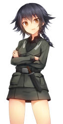 Rule 34 | 10s, 1girl, black hair, braid, brown eyes, cowboy shot, crossed arms, girls und panzer, highres, knife, looking at viewer, metindone, military, military uniform, pepperoni (girls und panzer), short hair, simple background, single braid, skirt, solo, uniform, white background