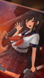Rule 34 | 1girl, bad id, bad twitter id, bag, black hair, blood, bloody weapon, blue skirt, breast pocket, character request, copyright request, dutch angle, embers, gotou (nekocat), highres, holding, holding knife, charm (object), knife, long hair, open mouth, pleated skirt, pocket, pov, reaching, reaching towards viewer, red eyes, sailor collar, school bag, school uniform, serafuku, short sleeves, skirt, smile, solo, two side up, very long hair, waving, weapon