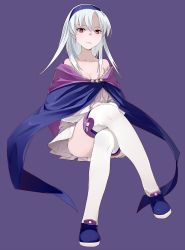 Rule 34 | 1girl, bare shoulders, bracelet, breasts, brown eyes, cape, cleavage, convenient leg, crossed legs, dress, full body, gensou suikoden, gensou suikoden ii, hairband, hands on lap, highres, in tree, jewelry, long hair, looking at viewer, off shoulder, orange eyes, purple background, shoes, short dress, sierra mikain, simple background, sitting, sitting in tree, solo, strapless, strapless dress, thighhighs, tree, ume (datsuryokugen), white dress, white hair, white thighhighs