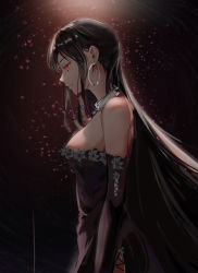 Rule 34 | 1girl, absurdres, bad id, bad pixiv id, bare shoulders, black dress, black gloves, black hair, breasts, brown hair, clip studio paint (medium), closed mouth, commentary, dress, earrings, elbow gloves, from side, gloves, highres, jenmin12, jewelry, large breasts, long hair, multicolored hair, original, profile, red eyes, sleeveless, smile, solo, standing, strapless, strapless dress, symbol-only commentary, two-tone hair, very long hair