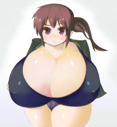 Rule 34 | breasts, brown eyes, brown hair, business suit, cleavage, gigantic breasts, original, oukadan, panties, ponytail, puffy nipples, standing, thick thighs, thighs, underwear, undressing