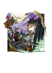 Rule 34 | 1girl, animal ears helmet, arknights, axe, blush, brown eyes, brown hair, chest strap, chin strap, church, coat, commentary, framed, grey coat, helmet, holding, holding weapon, jack-o&#039;-lantern, looking at viewer, moon, outdoors, outside border, pipidan, purple sky, shaw (arknights), shaw (cleansweeper in the castle) (arknights), short hair, sky, solo, stuffed animal, stuffed rabbit, stuffed toy, symbol-only commentary, tears, weapon
