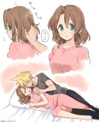 Rule 34 | 1boy, 1girl, 2016, :d, aerith gainsborough, alternate hair length, alternate hairstyle, bad id, bad pixiv id, bed sheet, black pants, blonde hair, brown hair, closed eyes, closed mouth, cloud strife, couple, cropped torso, dated, final fantasy, final fantasy vii, green eyes, grey shirt, hair between eyes, hair intakes, hetero, jewelry, krudears, lying, medium hair, on side, open mouth, pajamas, pants, pendant, pillow, pink pants, pink shirt, shirt, short sleeves, sketch, smile, speech bubble, straight hair, t-shirt