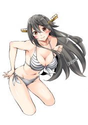 Rule 34 | 1girl, bikini, black hair, breasts, brown eyes, cleavage, collarbone, commentary request, cropped legs, hair ornament, hairband, hairclip, haruna (kancolle), headgear, highres, itachou, kantai collection, leaning forward, long hair, looking at viewer, medium breasts, side-tie bikini bottom, simple background, solo, striped bikini, striped clothes, swimsuit, twitter username, white background