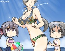 Rule 34 | 10s, 3girls, akebono (kancolle), ball, beachball, bell, bikini, black hair, blue sky, breast envy, breasts, brown eyes, chitose (kancolle), choker, commentary, dated, day, diving mask, diving mask on head, faceless, faceless female, flower, goggles, goggles on head, grey hair, hair bell, hair flower, hair ornament, hair ribbon, hamu koutarou, headband, jingle bell, kantai collection, large breasts, long hair, maru-yu (kancolle), multiple girls, neck ribbon, one-piece swimsuit, open mouth, ponytail, purple eyes, purple hair, ribbon, school swimsuit, shaded face, short hair, side ponytail, skirt, sky, sparkle, swimsuit, translated, very long hair, white one-piece swimsuit, white school swimsuit