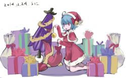 Rule 34 | 1girl, 2014, alternate costume, bag, barefoot, bell, blue eyes, blue hair, boots, bow, capelet, christmas, christmas ornaments, closed umbrella, dated, dress, gift, hair bow, hair ornament, hat, heterochromia, karakasa obake, kneeling, long sleeves, matching hair/eyes, md5 mismatch, namauni, open mouth, red dress, red eyes, resized, resolution mismatch, santa costume, santa hat, short hair, simple background, solo, source larger, tatara kogasa, tongue, tongue out, touhou, umbrella, white background