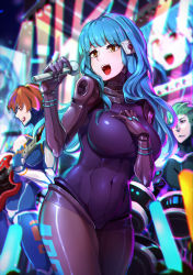 Rule 34 | 1girl, 2boys, :d, absurdres, android, aqua hair, blue hair, breasts, brown hair, electric guitar, glowstick, guitar, highres, huge filesize, instrument, kira miki, long hair, microphone, mr.lime, multiple boys, navel, open mouth, smile, teeth, va-11 hall-a